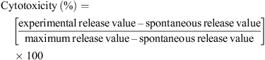 $$ \mathrm{Cytotoxicity}(\%)=\left[\frac{\mathrm{experimental}\enspace \mathrm{release}\enspace \mathrm{value}\enspace \endash \enspace \mathrm{spontaneous}\enspace \mathrm{release}\enspace \mathrm{value}}{\mathrm{m}\mathrm{aximum}\enspace \mathrm{release}\enspace \mathrm{value}\enspace \endash \enspace \mathrm{spontaneous}\enspace \mathrm{release}\enspace \mathrm{value}}\right]\times 100 $$